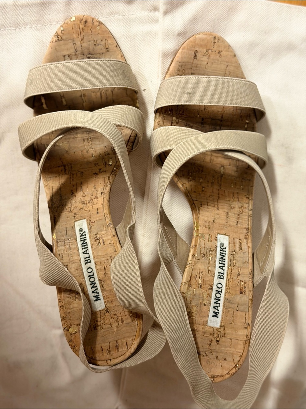 Manolo Blahnik Neutral Beige Cork Strap Sandals